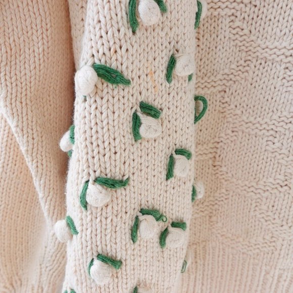 VINTAGE Orvis Sweater Medium Cream Fisherman Cable Knit Floral Grandmacore 90s - Picture 15 of 16